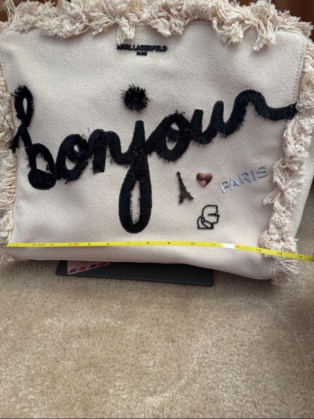 Karl Lagerfeld Canvas 'Bonjour' Fringe Tote in Cream and Black - Picture 8 of 10